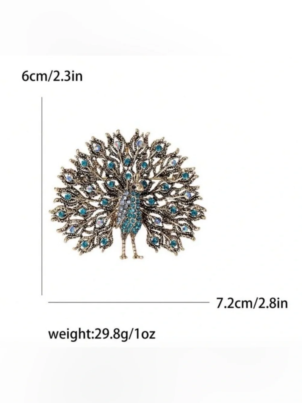 NEW Peacock Brooch, Silver and Teal Rhinestones